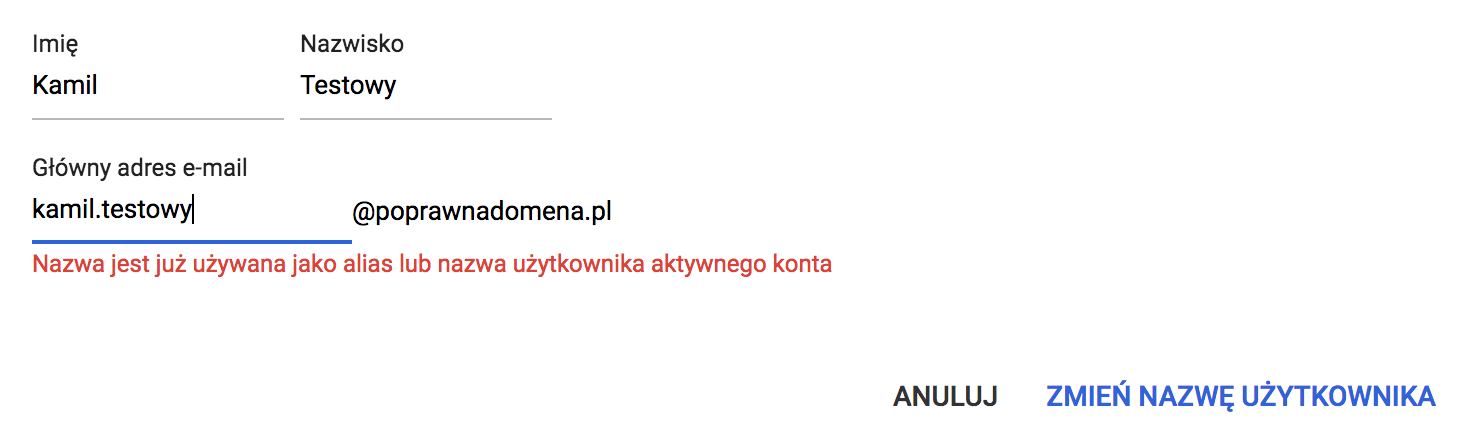 Nazwa jest już używana jako alias lub nazwa użytkownika aktywnego konta