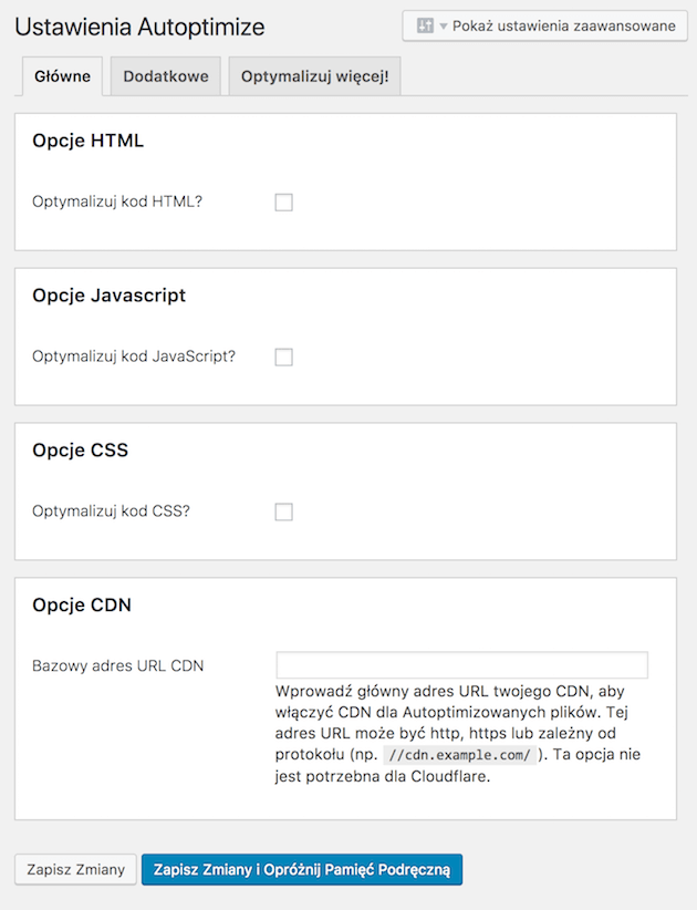 Opcje wtyczki Autoptimize.