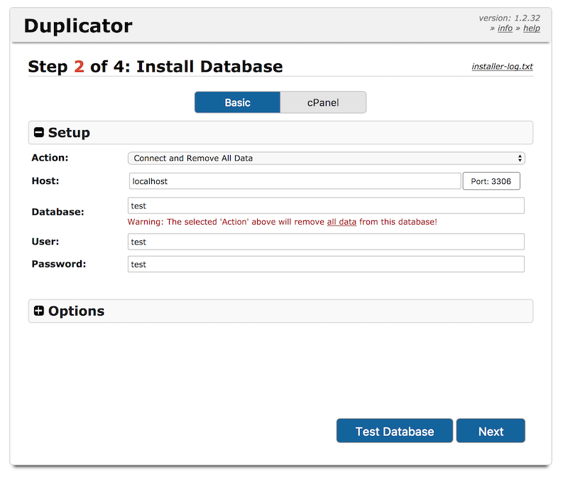 Database settings in Duplicator.