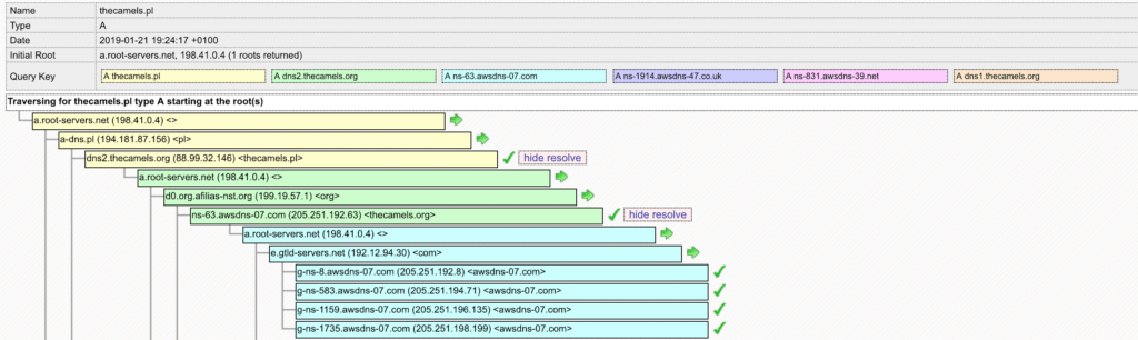 The route of DNS queries for thecamels.pl. Results from dns.squish.net.